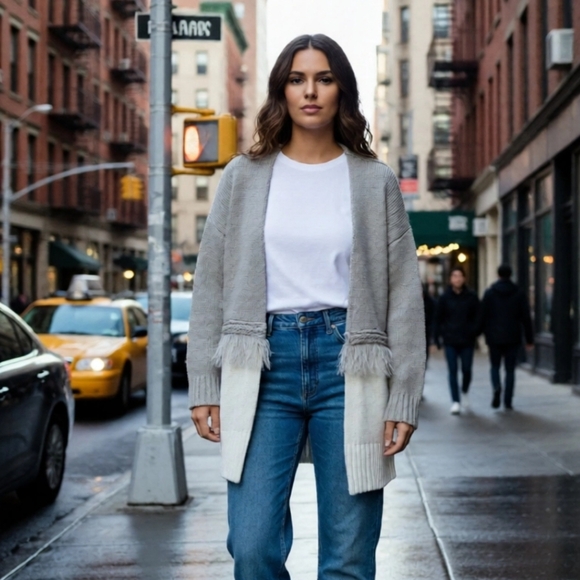 Lumiere Gray And White Fringe At Waist Long Cardigan Size M - Picture 3 of 7